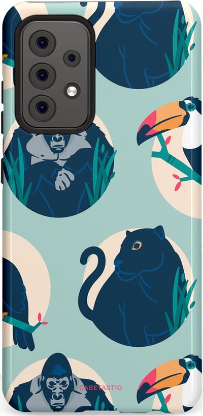 Casetastic hoesje geschikt voor Samsung Galaxy A52 (2021) 5G / Samsung Galaxy A52 (2021) 4G - Dubbellaagse bescherming - Wilde Dieren Mix - Fashion Case - Lichtgrijs Donkerblauw Crème Donkergrijs