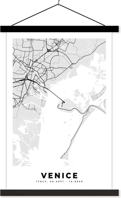Posterhanger incl. Poster 40x60 cm - Schoolplaat - Kaart - Venetië - Zwart Wit - Stadskaart - Plattegrond - Textielposter - Zwarte latten - Stadskaart