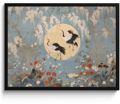 Poster in lijst - Fotolijst 70x50 cm - Posters - Kraanvogels - Maan - Bloemen - Blauw - Posterlijst zwart - Decoratie - Wanddecoratie woonkamer - Muurdecoratie slaapkamer