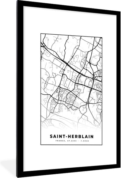 Fotolijst incl. Poster Zwart Wit- Kaart - Plattegrond - Saint-Herblain - Frankrijk - Stadskaart - Zwart wit - 60x90 cm - Posterlijst