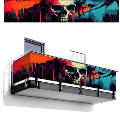 Balkonscherm 500x100 cm - Balkonposter Schedel - Abstract - Rood - Blauw - Graffiti - Balkon scherm decoratie - Balkonschermen - Balkondoek zonnescherm