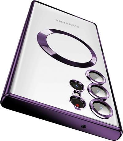 oTronica Hoesje aanstellen voor Samsung Galaxy S22 Ultra met Magnetisch Ring en Camera Lensbeschermer - backcover – Transparant/Paars