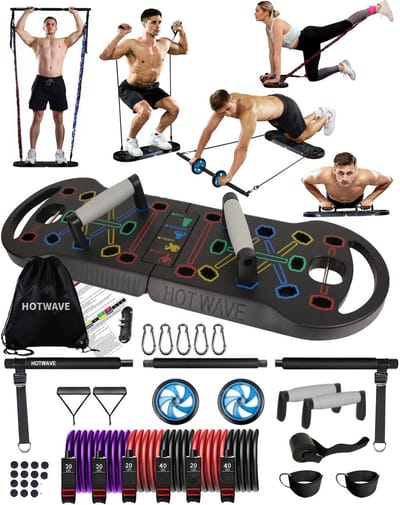 Draagbare fitnessapparatuur met 16 accessoires - 20-in-1 push-up board, weerstandsbanden en buik-rolwiel