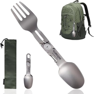 2-in-1 Camping Bestekset, Opvouwbare Lepel en Titanium Vork, Lichtgewicht en Duurzaam Outdoor Gereedschap voor Kamperen en Wandelen