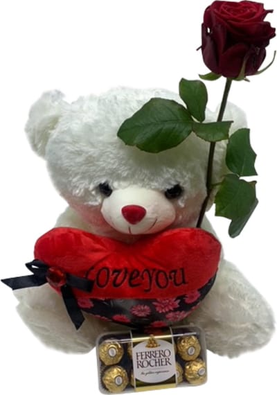 Knuffelbeer Love You (40 cm) + Ferrero + Rode roos