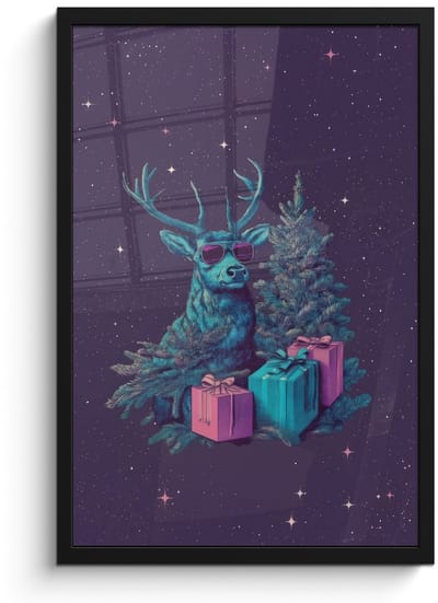 Poster in lijst - Fotolijst 40x60 cm - Posters - Rendier - Zonnebril - Neon - Kerstboom - Posterlijst zwart - Decoratie - Wanddecoratie woonkamer - Muurdecoratie slaapkamer - Kerstversiering - Kerstdecoratie voor binnen - Kerstmis