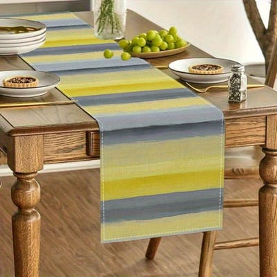 Waterverf Blauw Geel Gestreept Tafelkleed, Moderne Minimalistische Tafeldecoratie voor Woon- & Eetkamer 40x140cm gray