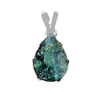 Cavill - Zilveren Hanger 925 Sterling Zilver - 7 Karaat Groen-Blauwe Silica Druzy Peervormig - Handgemaakt Bali Barong Edelsteen - Luxe Zilver Sieraad