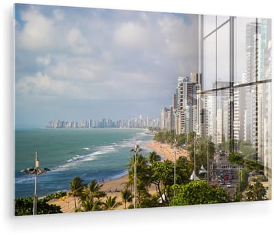 ® Glasschilderij 180x120 cm - Schilderij acrylglas - Wolkenkrabbers aan de Boa Viagem van Recife - Foto op glas - Muurdecoratie woonkamer - Wanddecoratie slaapkamer - Schilderijen