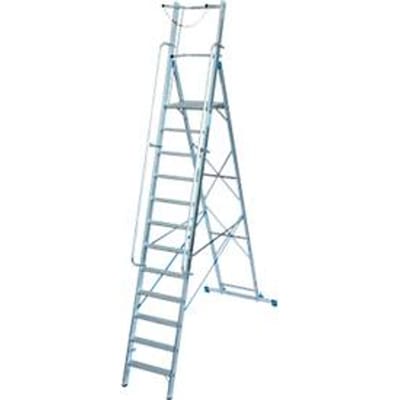Aluminium trapladder, met groot platform, met veiligheidsbeugel en ketting, 12 treden