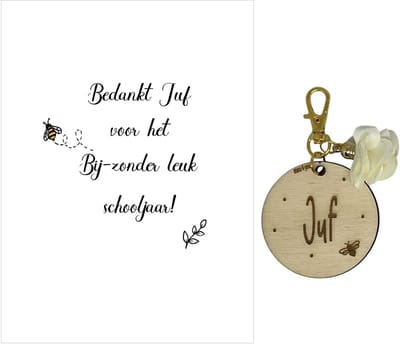 Sleutelhanger en kaartje JUF | BIJ-zonder | beige | jij bent de liefste | liefste juf | topjuf | einde schooljaar | juffen | meester |cadeau