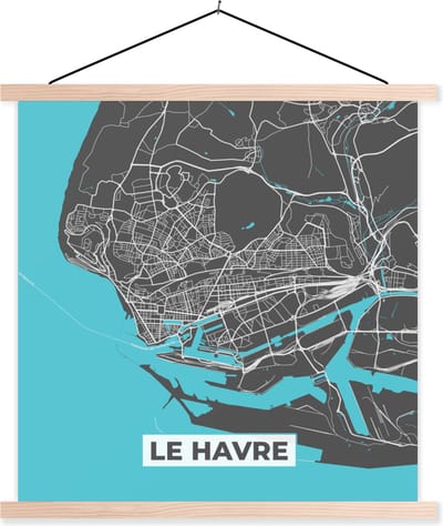 Posterhanger incl. Poster 40x40 cm - Schoolplaat - Le Havre - Plattegrond - Kaart - Stadskaart - Frankrijk - Textielposter - Blanke latten - Stadskaart