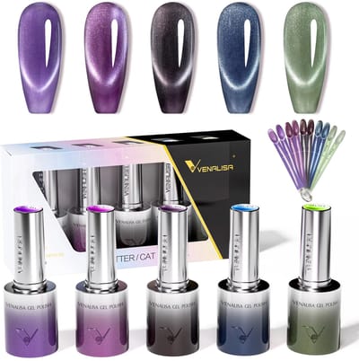Venalisa Glitter/ Cat Eye Gel - Platinum Reflective - UV/LED Gel - HEMA vrij - TPO Vrij - 10 ml - Glitter Gellak - Cat Eye Gellak - Cat Eye Magneet Gellak - Gellak Nagellak - Gel Polish | 5 x 10 ml