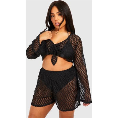 boohoo Dames Plus Jersey Gebreide Strand Co Ord | Zwart | Maat: 52