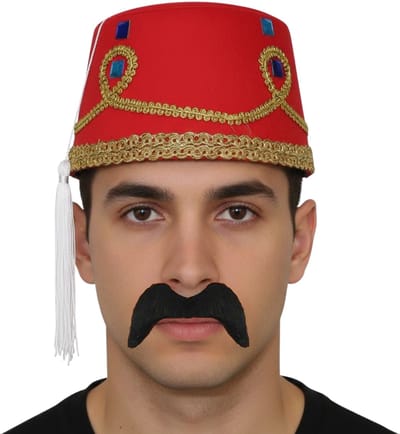 Funny Fashion Arabische Marokkaanse verkleed set - Fez hoedje rood - en nepsnor in het zwart - Arabieren