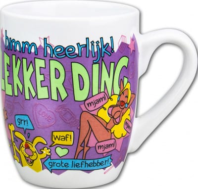 Mok - Snoep - Heerlijk lekker ding - Cartoon - In cadeauverpakking met gekleurd krullint