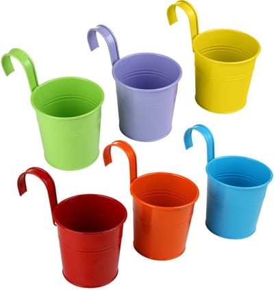 Set van 6 Metalen Hangbloempotten – Kleurrijke Balkon Plantenbakken met Afneembaar Hengsel – 10 cm voor Binnen & Buiten Decoratie
