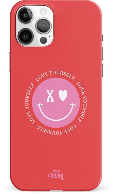 xoxo Wildhearts Love Yourself Red - Single Layer - Rood hoesje geschikt voor Apple iPhone 12 Pro Max - Hoesje met smiley emoji - Hardcase case geschikt voor iPhone 12 Pro Max - Smiley case - rood