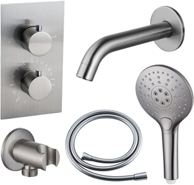 FugaFlow Eccelente Acces Badkraan set - uitloop - 22cm inkortbaar - gladde slang - ronde handdouche - inbouwdeel - wandhouder - geborsteld RVS PVD