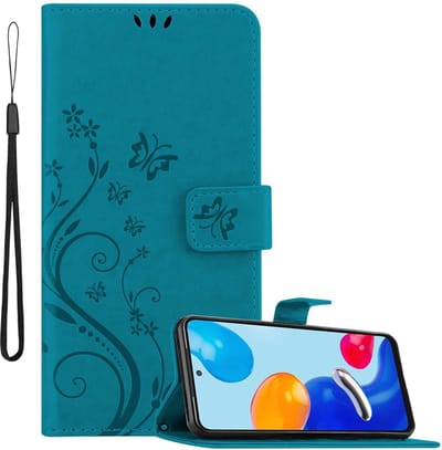 Cadorabo Hoesje geschikt voor Xiaomi RedMi NOTE 11 4G / 11S 4G in BLOEMEN BLAUW - Beschermhoes in bloemmotief met magnetische sluiting, standfunctie en kaartsleuven Book Case Cover Etui