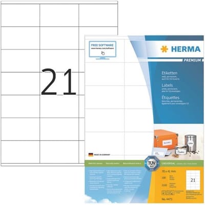 Adresetiketten HERMA 4473, permanent klevend, zelfklevend, bedrukbaar, B 70 x H 41 mm, FSC® papier, wit, 2100 stuks/100 vellen
