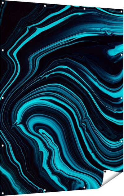 Gards Tuinposter Abstracte Kunst - Aqua Blauw met Zwart - 120x160 cm - Tuindoek - Tuindecoratie - Wanddecoratie buiten - Tuinschilderij