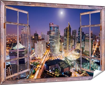 Gards Tuinposter Doorkijk Makati Stad Skyline in de Nacht in Thailand - 180x120 cm - Tuindoek - Tuindecoratie - Wanddecoratie buiten - Tuinschilderij