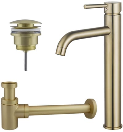 FugaFlow Eccelente Sobrado Badkamer Wastafelkraanset - verhoogde wastafelkraan - klikwaste plug - verlaagde design sifon - PVD Geborsteld Messing