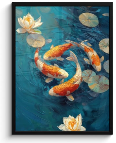 Poster in lijst - Fotolijst 60x80 cm - Posters - Vissen - Waterlelies - Oranje - Water - Posterlijst zwart - Decoratie - Wanddecoratie woonkamer - Muurdecoratie slaapkamer