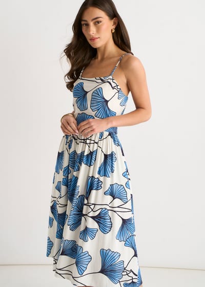 Blauwe cami-jurk met bloemenprint van linnenmix