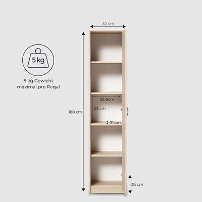 Boekenkast Garderobekast Casa Velluto – Smalle Multifunctionele Kast 40cm Breed x 180cm Hoog – 4 Verstelbare Planken – Opbergkast voor Kleding, Boeken, Dossiers – Sonoma MDF Kast voor Slaapkamer, Hal, Kantoor en Hobbyruimte