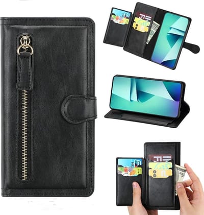 Premium vintage portemonnee hoesje met ritssluiting flip-cover hoes met kaarthoudersleuven Geschikt voor: Samsung Galaxy A23 5G - zwart