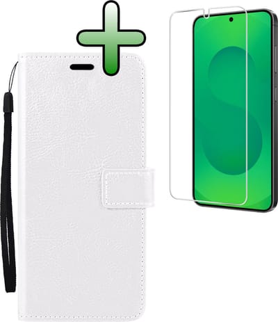 Hoesje Met Screenprotector - Geschikt voor Samsung Galaxy S25 - Luxe Pasjeshouder - Bookcase Portemonee - Flip Case - Kunstleer Book Case - Flipcase - Book Cover - Walletcase - Portemonneehoes - Wit