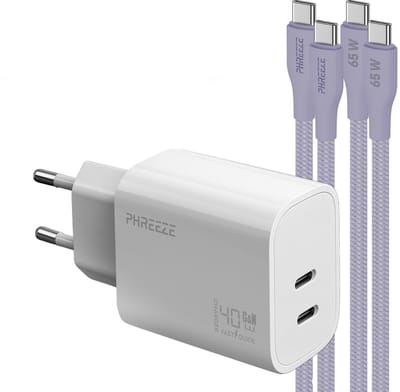 Phreeze usb C snellader 40 W - Power adapter met 2 usb C naar usb C kabels 1m paars - Voor laptop en powerbank
