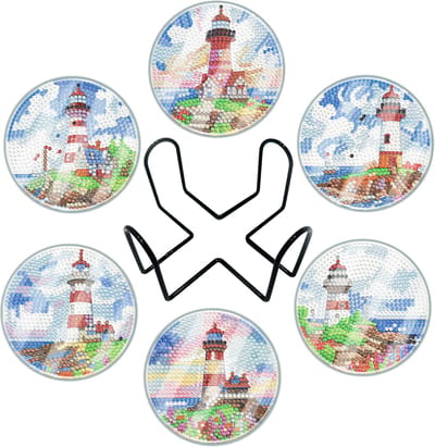 Adorzy Diamond Painting Onderzetters Vuurtorens – 6 stuks - Met Bescherming - Diamond Painting pakket volledig – Diamond Painting Volwassenen