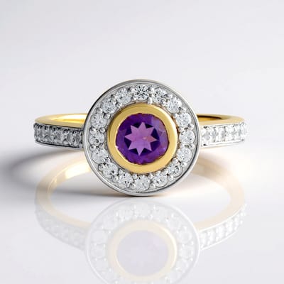 Cavill - Elegante Zilveren Ring - 925 Sterling Zilver Verguld - Uruguay Amethist 0,585 ct Rond - Cambodja Zirkonia 0,612 ct - Sieraden Dames
