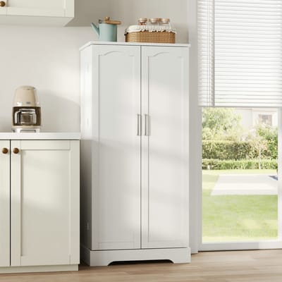 VVBV 60 × 35 × 128 cm, wit, multifunctionele keukenkast met LED-verlichting met sensor, in hoogte verstelbare planken, dubbele deur met opbergvak, kantelbeveiliging, geschikt voor keuken, woonkamer en eetkamer.