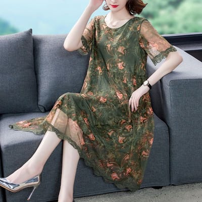 Robe en mousseline de soie mi-longue, grande taille, imprimé Floral, au-dessus du genou, col rond, manches courtes, ample 5XL vert