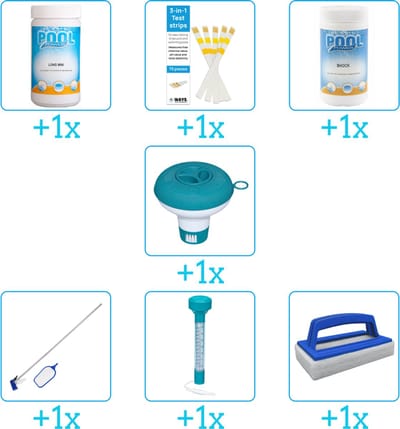 Zwembad Onderhoudspakket - Onderhoud Zwembad - bevat Chloor - Testrips - Chloor - Chloordrijver - Schoonmaakset - Thermometer en Scrubborstel (7-delig)