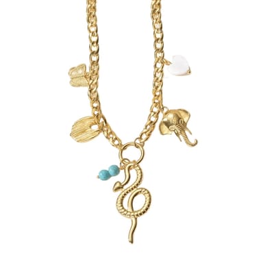 Aramat Jewels | Halskettingen | Goudkleurige gourmetketting met natuursteen & bedels – 45+5 cm | | | |1,5mm | Staal | Volwassenen | Verkleurd niet
