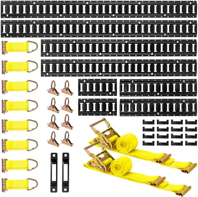 E-Track Vastzetrails Set, 8 Pack (1.5m+1.2m+0.6m+0.3m) Rails, 36-Delige Set Met Ratelschroefbanden, O-Ringen, Vastzetpunten, Enkele Sleuven en Eindkappen, Geschikt voor Vans en Aanhangwagens