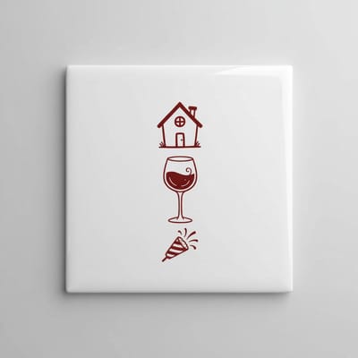 Huisje Wijntje Feestje Icoon Tegel – Minimalistische Wijn Feest Wanddecoratie – 15 x 15 cm Keramische Tegel