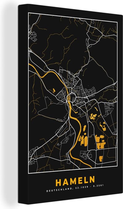 Canvas Schilderij Duitsland – Black and Gold – Hameln – Stadskaart – Kaart – Plattegrond - 20x30 cm - Wanddecoratie
