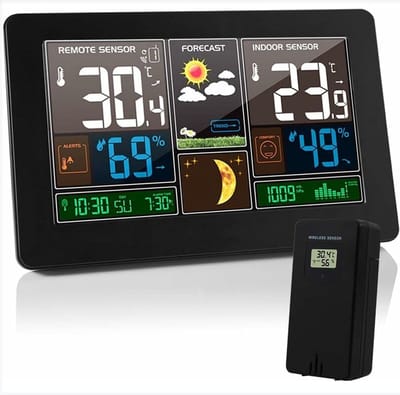 Meteorologische stationsthermometer, hygrometer, binnen- en buitenbarometer, uitgerust met sensor LED scherm, verlichte digitale klok die tijd, datum, dag, maand en fase weergeeft (zwart)