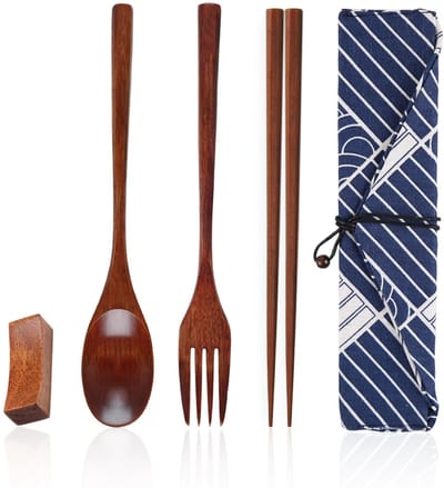 3-delige serviesset van hout, 1 stoffen zak, 1 eetstokjeshouder, draagbare serviesset, eetstokjes, lepels, houten vorken, geschikt voor picknicks, lunch op kantoor