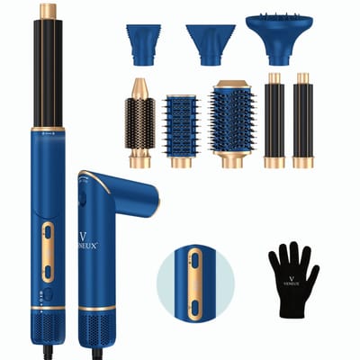 VENEUX® 8 in 1 Föhnborstel - Airstyler - Krulborstel - Multistyler - Diffuser Föhn - Blauw / Goud