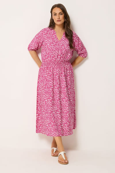 Yours Roze Jurk Met Bloemenprint En Pofmouwen Size 42
