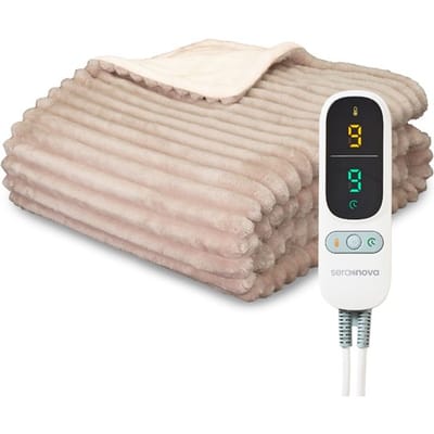 Seranova Elektrische Deken XXL - Extra Warmtedraden - Gestreept Model - 180x160 cm - 2 persoons Warmtedeken - Dubbelzijdig Fleece - Beige