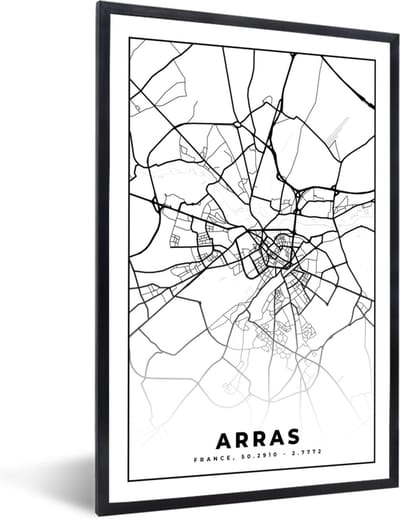 Fotolijst incl. Poster Zwart Wit- Arras - Stadskaart – Frankrijk – Kaart – Plattegrond - Zwart wit - 40x60 cm - Posterlijst