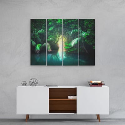 Artaza Canvas Schilderij Vierluik Tropische Jungle Met Een Turquoise Meer - 80x60 - Foto Op Canvas - Canvas Print